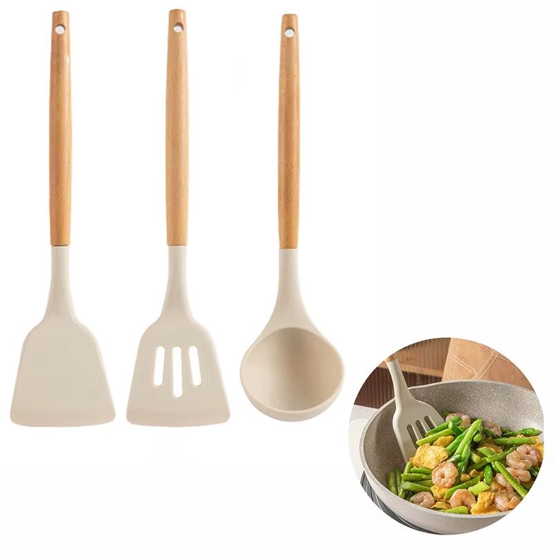 Solid Wood Handle Silicone Kitchen Utensils Food Grade High Temperature Resistant Spatula Non-stick Pans Special Spatula  Frying Spatula Soup Spoon Three-piece Set Combination Gift Kitchenware Set