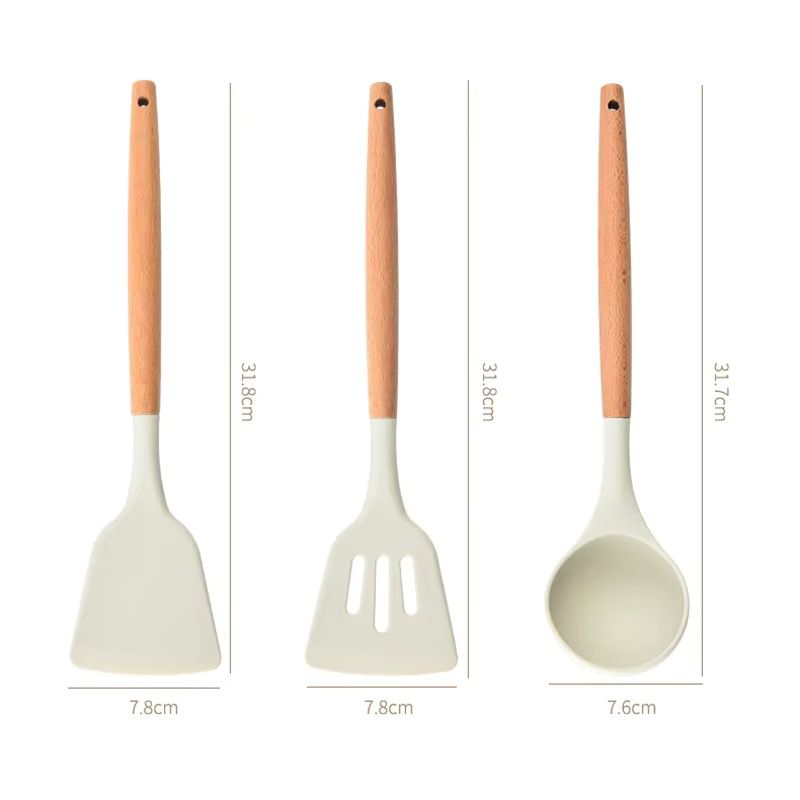 Solid Wood Handle Silicone Kitchen Utensils Food Grade High Temperature Resistant Spatula Non-stick Pans Special Spatula  Frying Spatula Soup Spoon Three-piece Set Combination Gift Kitchenware Set
