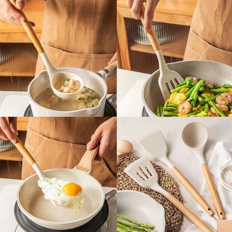 Solid Wood Handle Silicone Kitchen Utensils Food Grade High Temperature Resistant Spatula Non-stick Pans Special Spatula  Frying Spatula Soup Spoon Three-piece Set Combination Gift Kitchenware Set