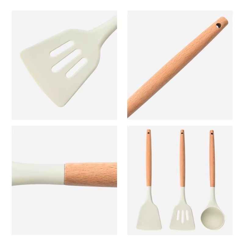 Solid Wood Handle Silicone Kitchen Utensils Food Grade High Temperature Resistant Spatula Non-stick Pans Special Spatula  Frying Spatula Soup Spoon Three-piece Set Combination Gift Kitchenware Set
