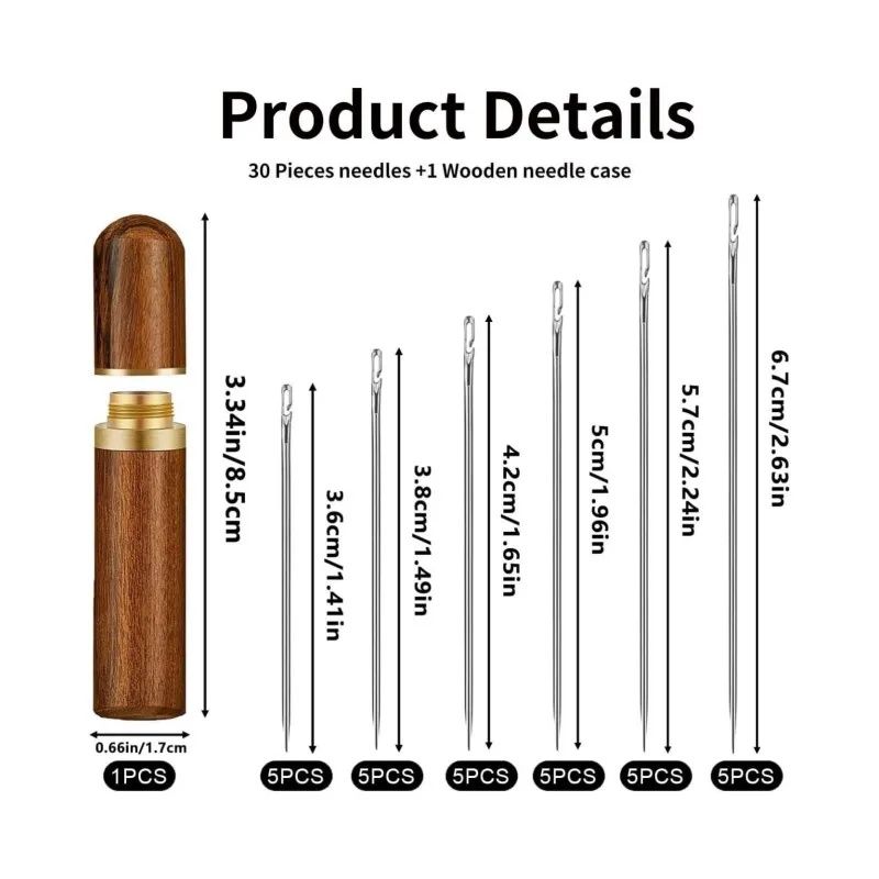 30Pcs Stainless Steel Hand Sewing Needle+ Wooden Cylinder Sewing Box,For Sewing Household DIY Apparel Beading Threading Needles Traditional Hand-sewn Embroidery,Wooden Drum Design Is Easy To Organize