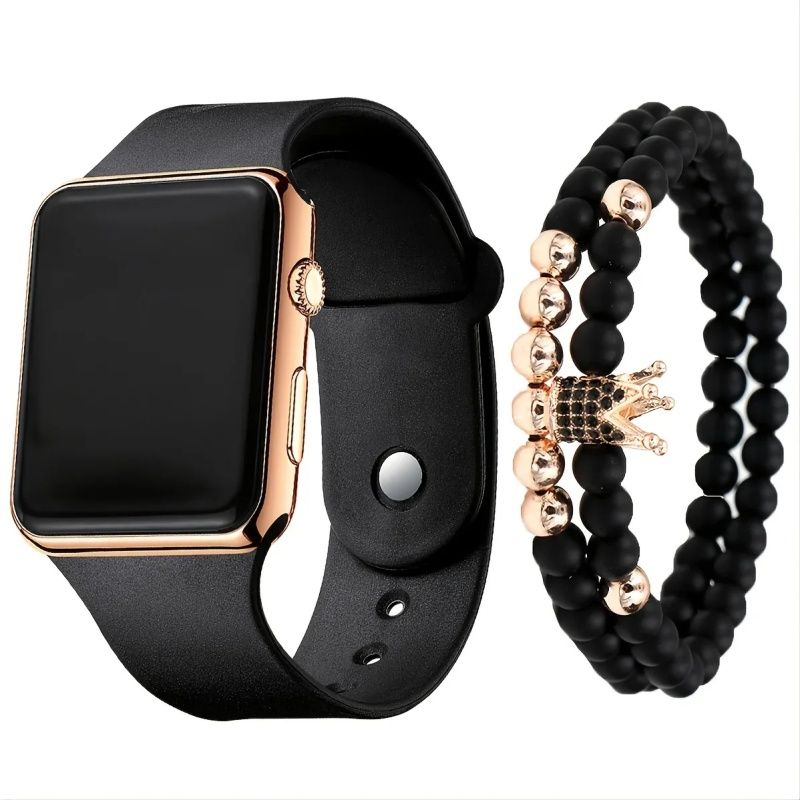 Fashionable And Simple Square  LED Silicone Quartz Electronic Watch+Bracelet Set, Student Adult Unisex,Luminous Electroplating Sports Electronic Watch,Because Of The Tide So Popular