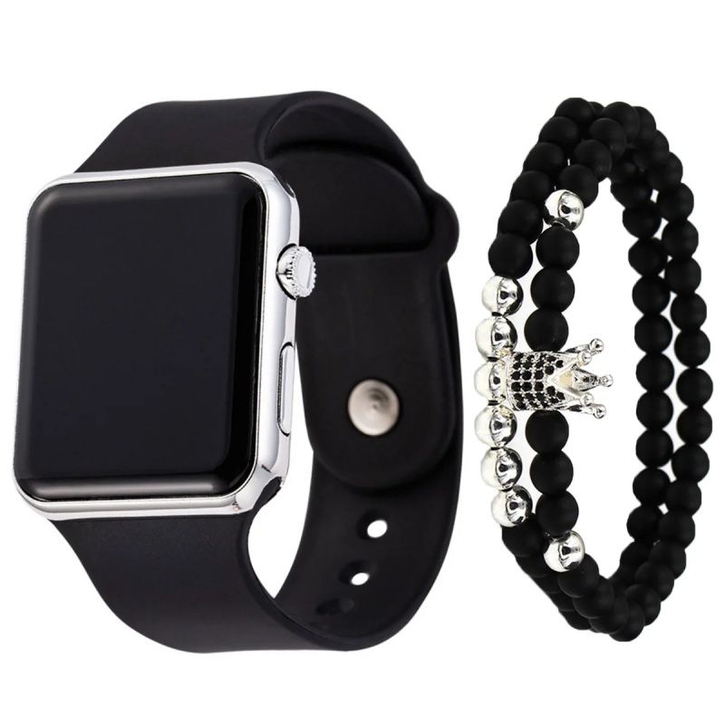Fashionable And Simple Square  LED Silicone Quartz Electronic Watch+Bracelet Set, Student Adult Unisex,Luminous Electroplating Sports Electronic Watch,Because Of The Tide So Popular