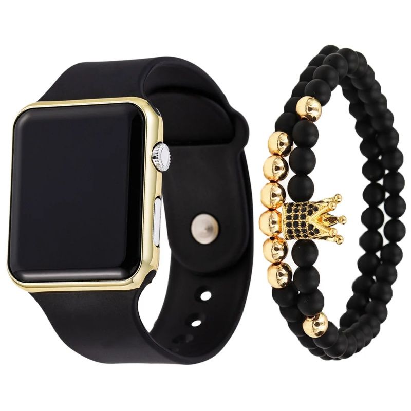 Fashionable And Simple Square  LED Silicone Quartz Electronic Watch+Bracelet Set, Student Adult Unisex,Luminous Electroplating Sports Electronic Watch,Because Of The Tide So Popular