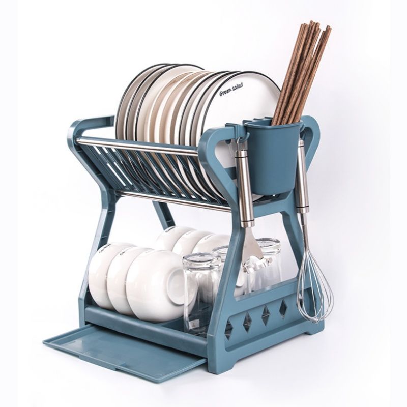 New Dish Drainer Dish,Kitchen Storage Double Layer Dish Drainer Shelf Knife Container Holder ,Four Steel Pipes For Support,Durable,Saving Kitchen Counter Kitchen Organizer Is A Good Helper