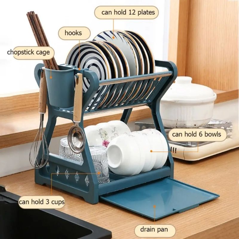 New Dish Drainer Dish,Kitchen Storage Double Layer Dish Drainer Shelf Knife Container Holder ,Four Steel Pipes For Support,Durable,Saving Kitchen Counter Kitchen Organizer Is A Good Helper