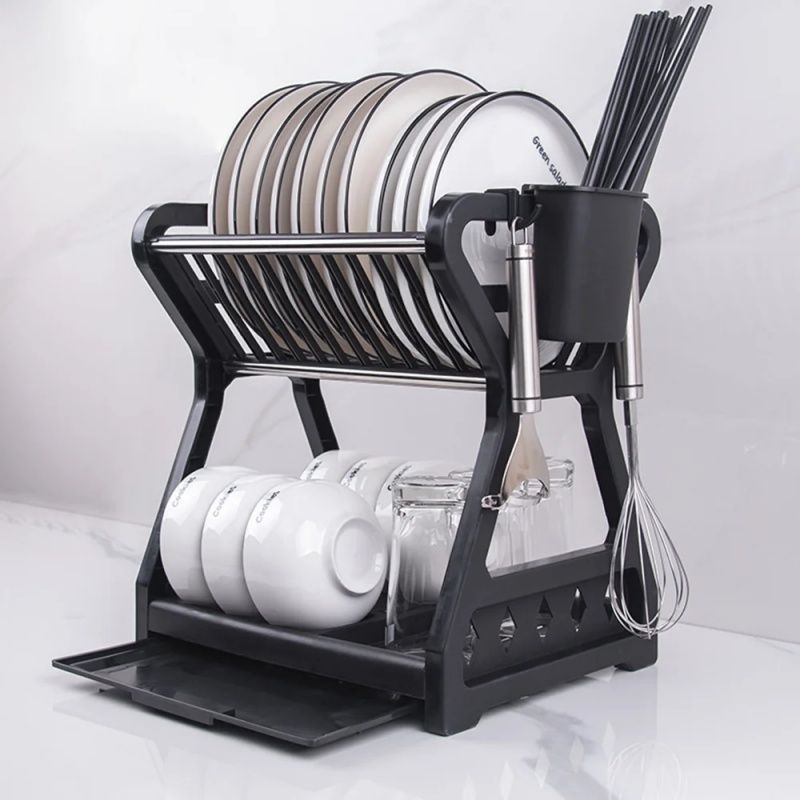New Dish Drainer Dish,Kitchen Storage Double Layer Dish Drainer Shelf Knife Container Holder ,Four Steel Pipes For Support,Durable,Saving Kitchen Counter Kitchen Organizer Is A Good Helper