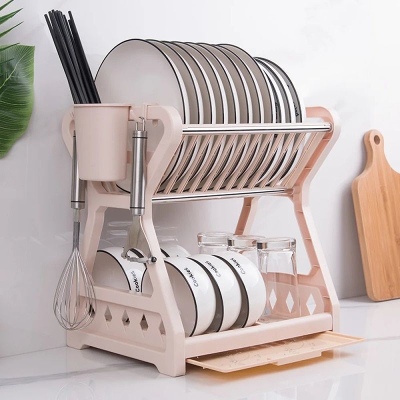 New Dish Drainer Dish,Kitchen Storage Double Layer Dish Drainer Shelf Knife Container Holder ,Four Steel Pipes For Support,Durable,Saving Kitchen Counter Kitchen Organizer Is A Good Helper