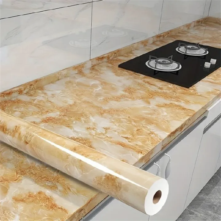 Yellow Imitation Marble Pattern Self-adhesive Wallpaper Kitchen Stove Furniture Background Wall Renovation Oil Resistant Sticker