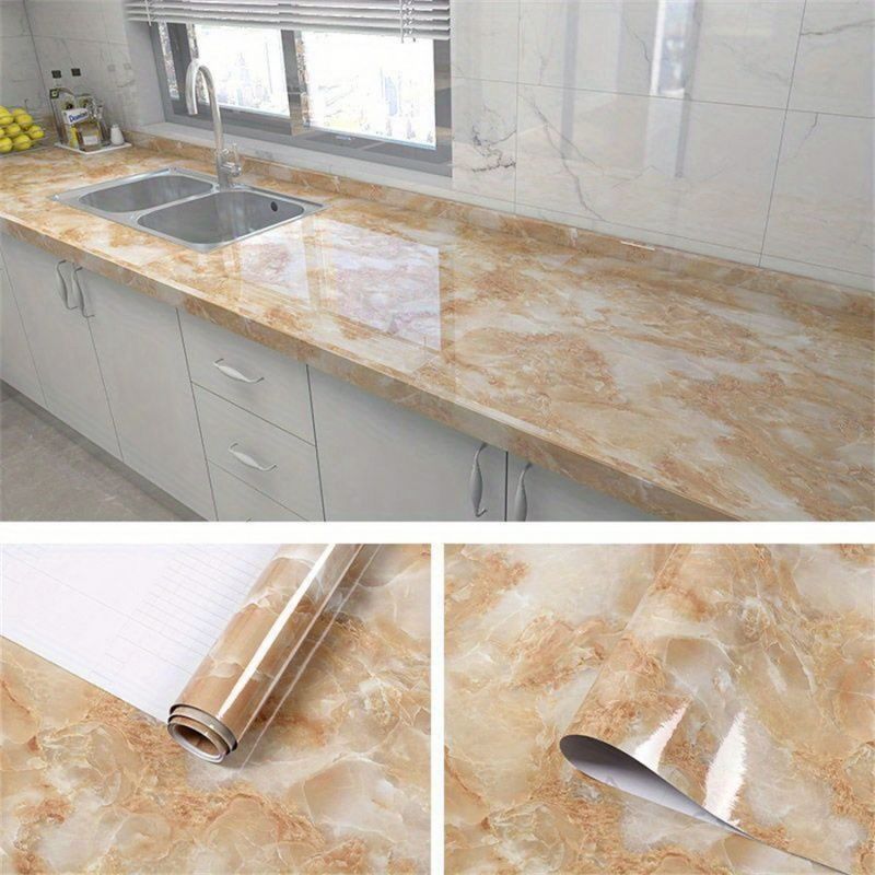 Yellow Imitation Marble Pattern Self-adhesive Wallpaper Kitchen Stove Furniture Background Wall Renovation Oil Resistant Sticker