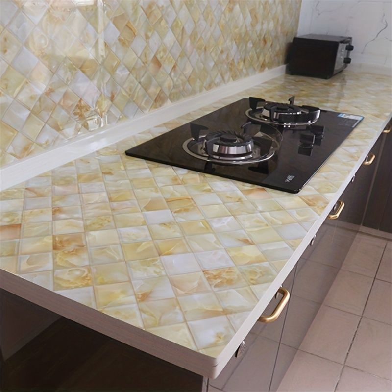 Yellow Imitation Marble Pattern Self-adhesive Wallpaper Kitchen Stove Furniture Background Wall Renovation Oil Resistant Sticker