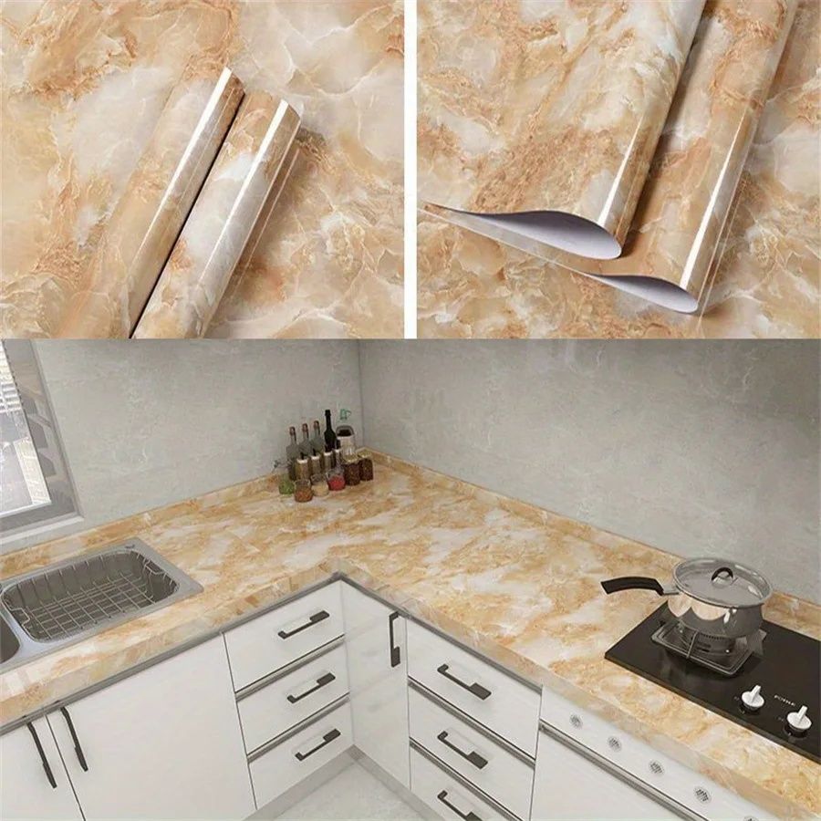 Yellow Imitation Marble Pattern Self-adhesive Wallpaper Kitchen Stove Furniture Background Wall Renovation Oil Resistant Sticker
