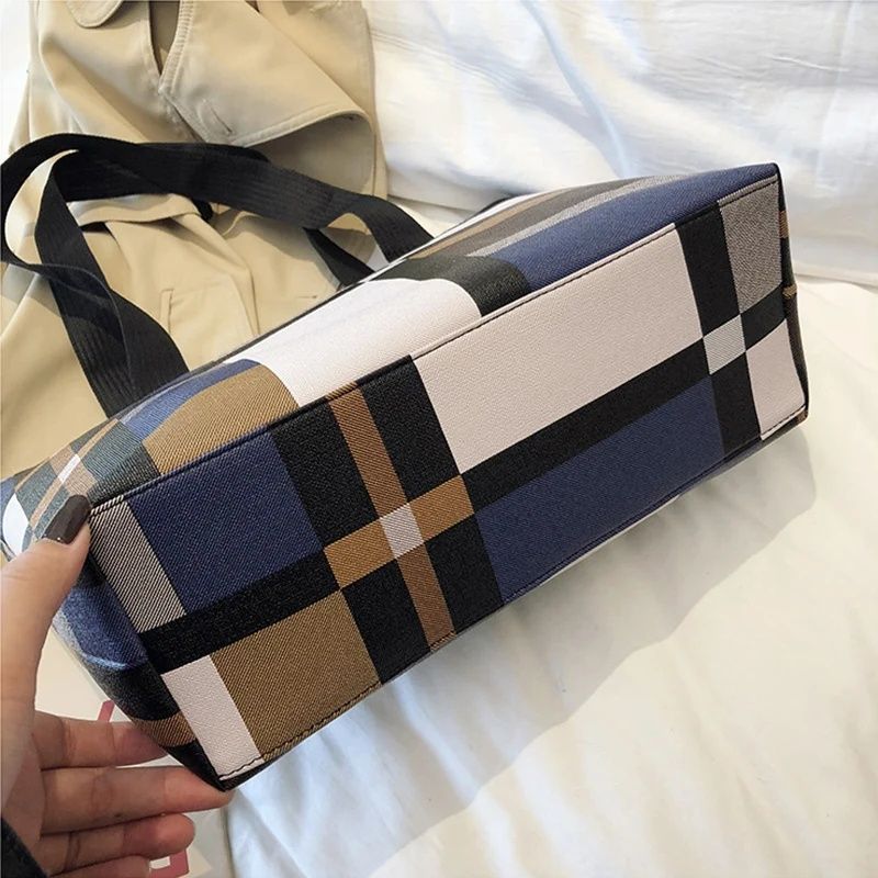 Striped Plaid Tote Bag For Women, New Fashionable Women's Shoulder Bag,Commuting Bag,  Large-capacity PU Leather Luxury Brief Casual Shopping Bolsa