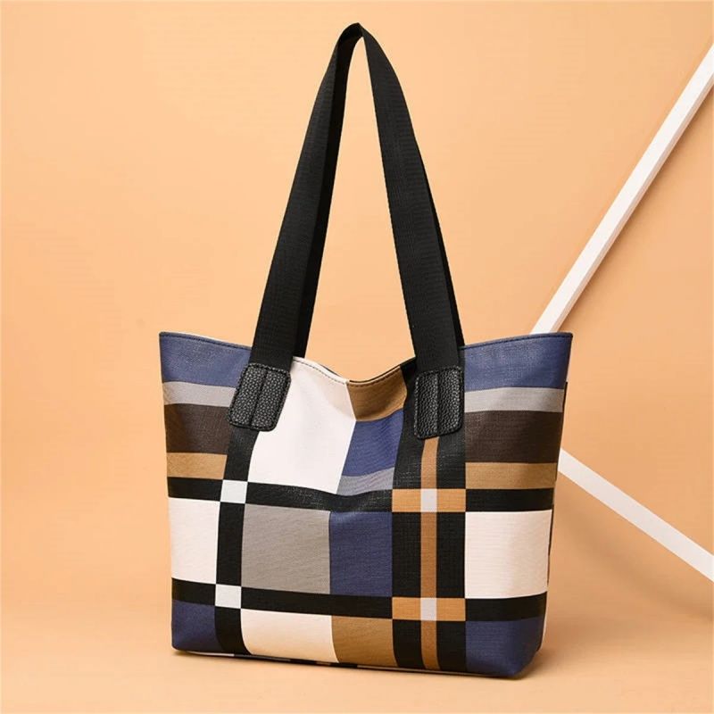 Striped Plaid Tote Bag For Women, New Fashionable Women's Shoulder Bag,Commuting Bag,  Large-capacity PU Leather Luxury Brief Casual Shopping Bolsa