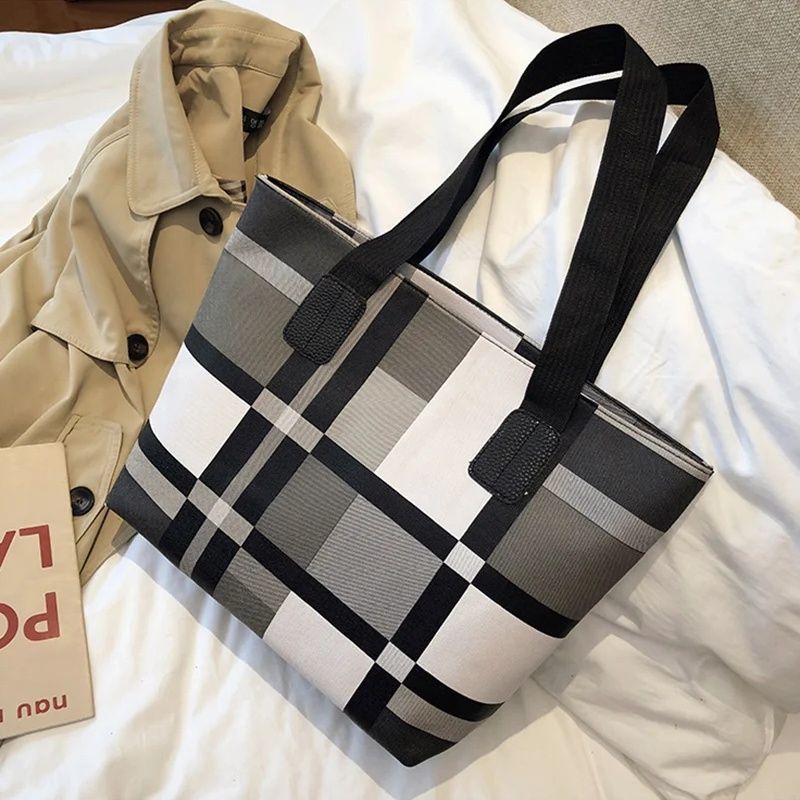 Striped Plaid Tote Bag For Women, New Fashionable Women's Shoulder Bag,Commuting Bag,  Large-capacity PU Leather Luxury Brief Casual Shopping Bolsa