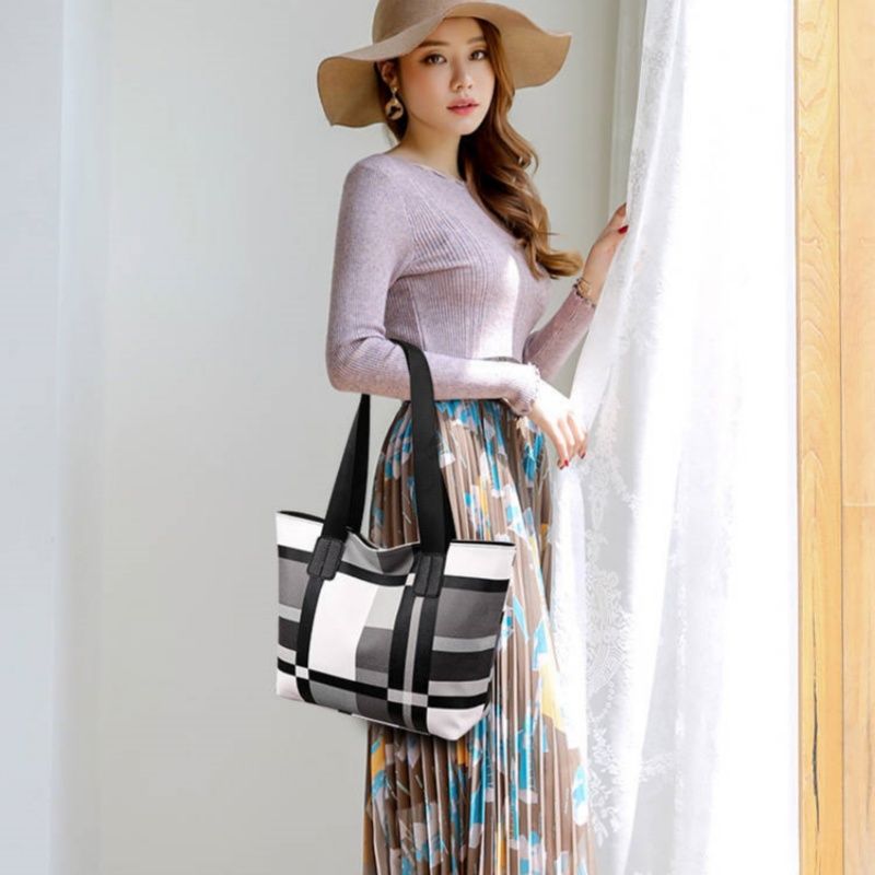 Striped Plaid Tote Bag For Women, New Fashionable Women's Shoulder Bag,Commuting Bag,  Large-capacity PU Leather Luxury Brief Casual Shopping Bolsa