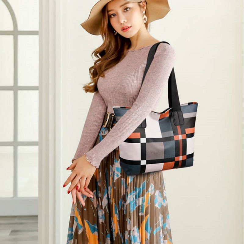 Striped Plaid Tote Bag For Women, New Fashionable Women's Shoulder Bag,Commuting Bag,  Large-capacity PU Leather Luxury Brief Casual Shopping Bolsa