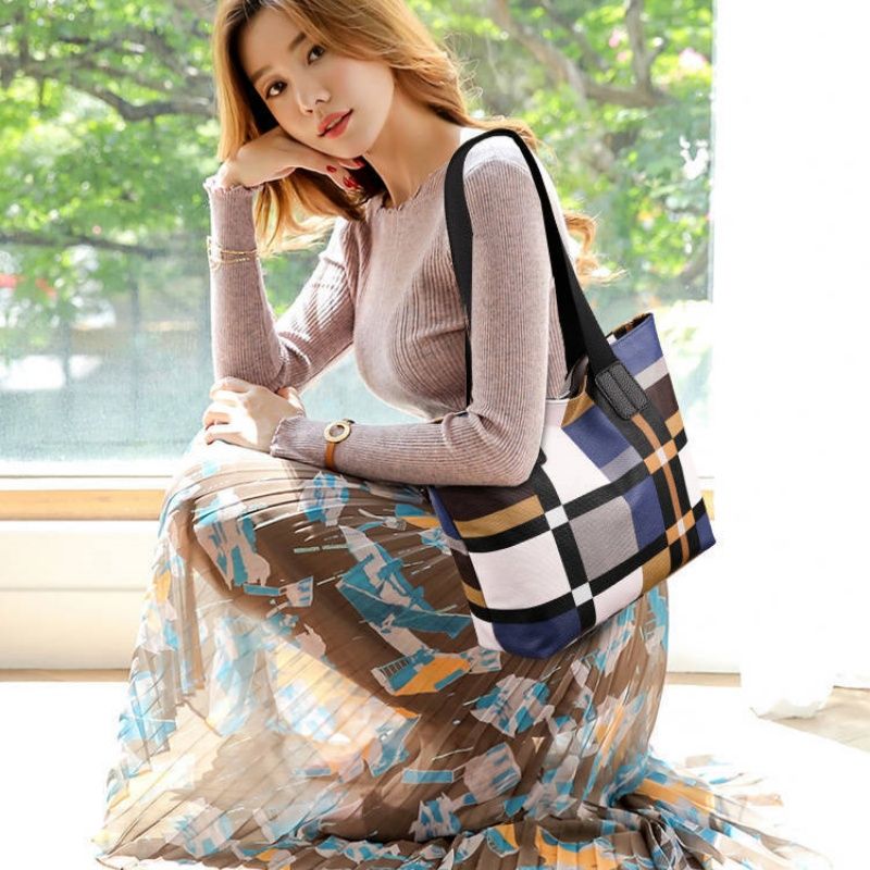Striped Plaid Tote Bag For Women, New Fashionable Women's Shoulder Bag,Commuting Bag,  Large-capacity PU Leather Luxury Brief Casual Shopping Bolsa