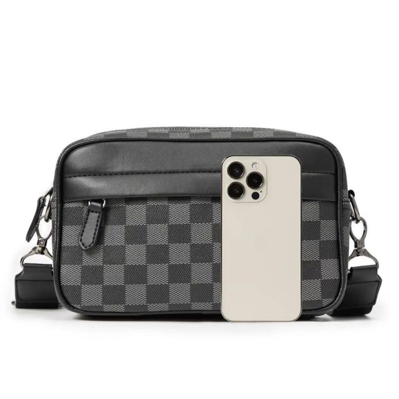 New Checkered Men Small Square Bag, Single-shoulder Bag, Crossbody Bag, Trendy Men's Casual Checkered Waist Packs Travel Storage Bag Sports Bag, Top-quality PU Leather  Simple  Fashion