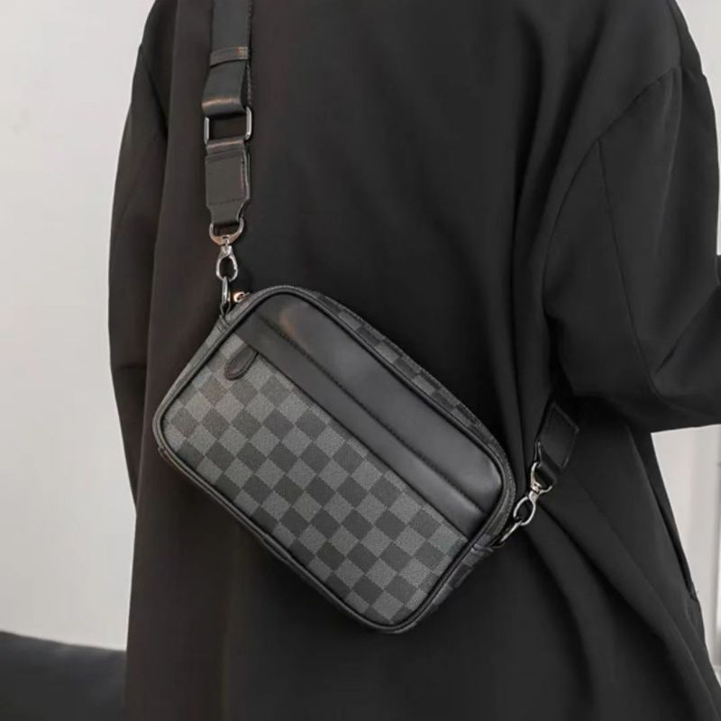 New Checkered Men Small Square Bag, Single-shoulder Bag, Crossbody Bag, Trendy Men's Casual Checkered Waist Packs Travel Storage Bag Sports Bag, Top-quality PU Leather  Simple  Fashion