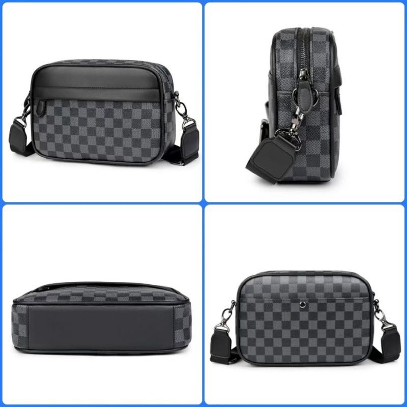 New Checkered Men Small Square Bag, Single-shoulder Bag, Crossbody Bag, Trendy Men's Casual Checkered Waist Packs Travel Storage Bag Sports Bag, Top-quality PU Leather  Simple  Fashion