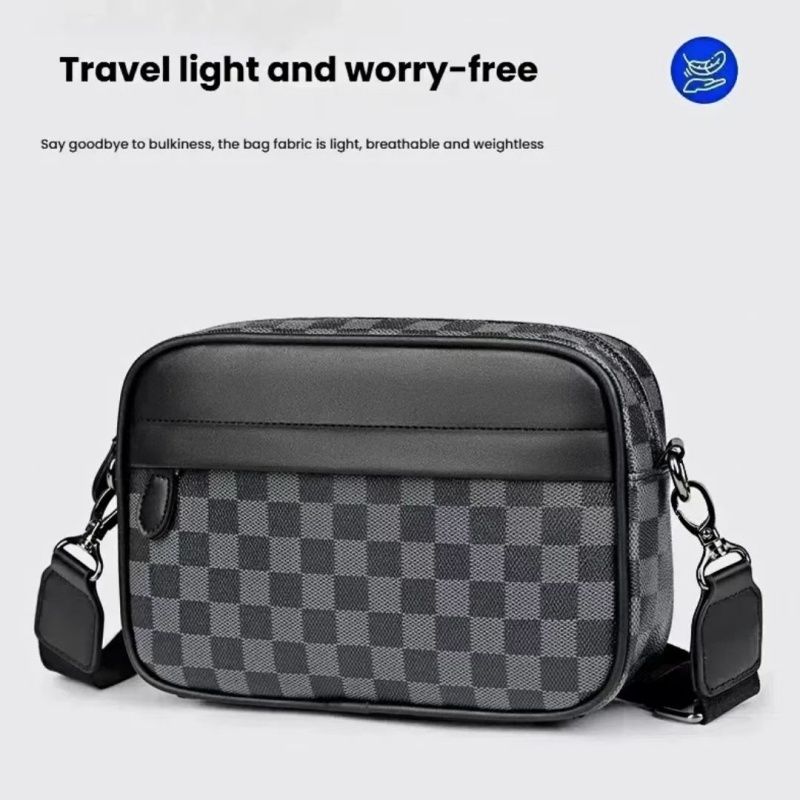 New Checkered Men Small Square Bag, Single-shoulder Bag, Crossbody Bag, Trendy Men's Casual Checkered Waist Packs Travel Storage Bag Sports Bag, Top-quality PU Leather  Simple  Fashion