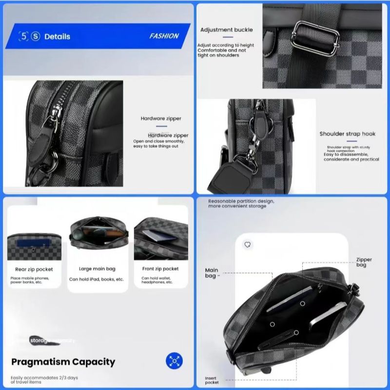 New Checkered Men Small Square Bag, Single-shoulder Bag, Crossbody Bag, Trendy Men's Casual Checkered Waist Packs Travel Storage Bag Sports Bag, Top-quality PU Leather  Simple  Fashion