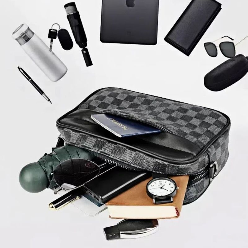 New Checkered Men Small Square Bag, Single-shoulder Bag, Crossbody Bag, Trendy Men's Casual Checkered Waist Packs Travel Storage Bag Sports Bag, Top-quality PU Leather  Simple  Fashion