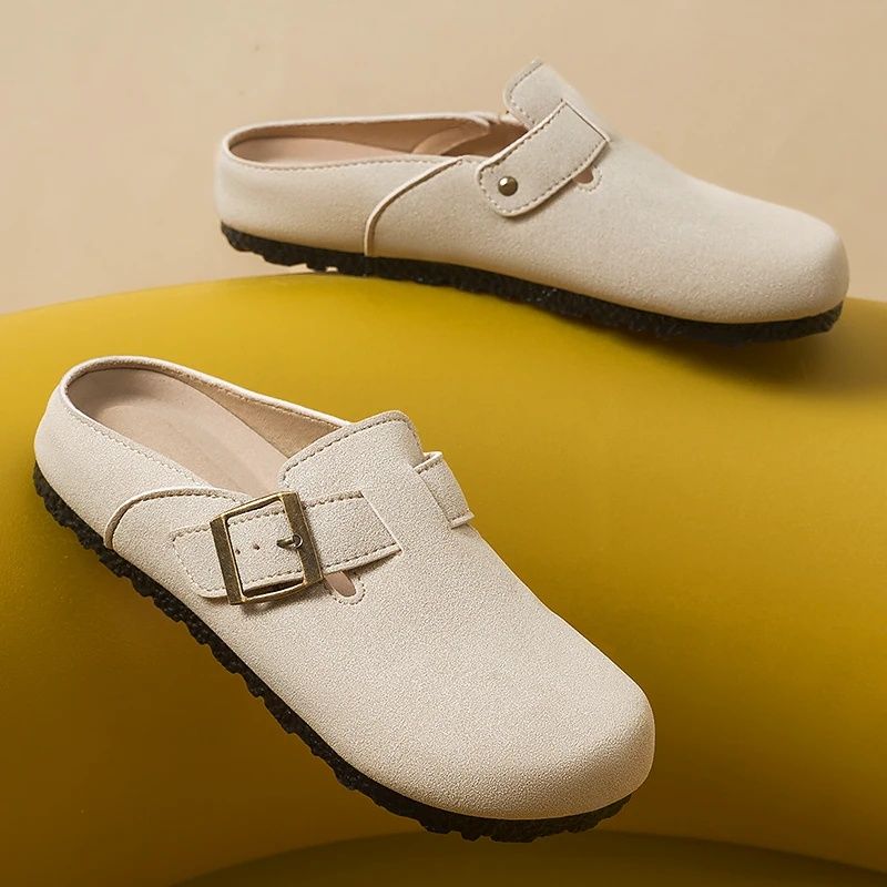 New Style Of Women's Birken Shoes， Retro Anti Slip Flat Bottomed Half Slippers , Soft-soled Comfortable Breathable  Sandals，Trend Solid Color Casual Shoes