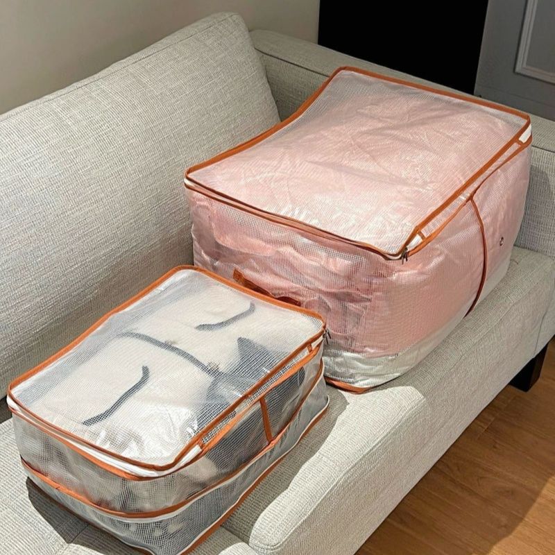 Large And Small Two-piece set，Reticulated Transparent Storage Bags Multi-functional Packaging Moving Bags, Household Large-capacity Clothing Pants Quilt Bags (Large 52*42*30cm, Small 40*30*18cm)