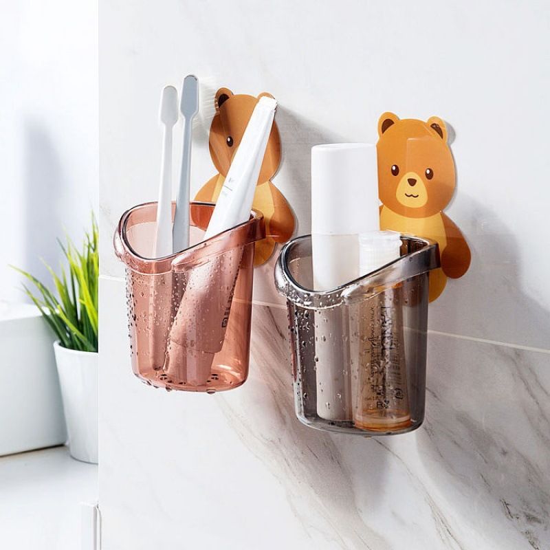 Cartoon Bear Punch-free Wall-hung Storage Cup, Bathroom Toothbrush Holder For Toothpaste