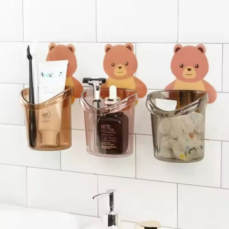 Cartoon Bear Punch-free Wall-hung Storage Cup, Bathroom Toothbrush Holder For Toothpaste