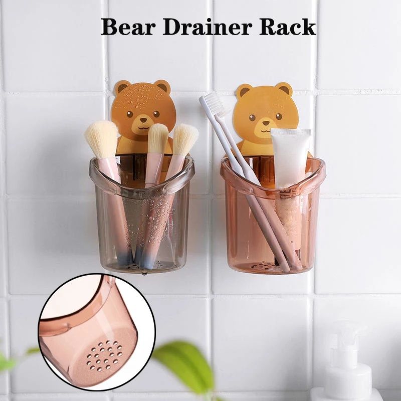 Cartoon Bear Punch-free Wall-hung Storage Cup, Bathroom Toothbrush Holder For Toothpaste