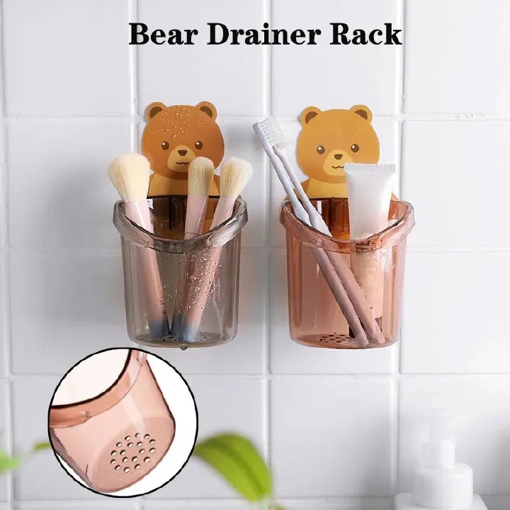 Cartoon Bear Punch-free Wall-hung Storage Cup, Bathroom Toothbrush Holder For Toothpaste