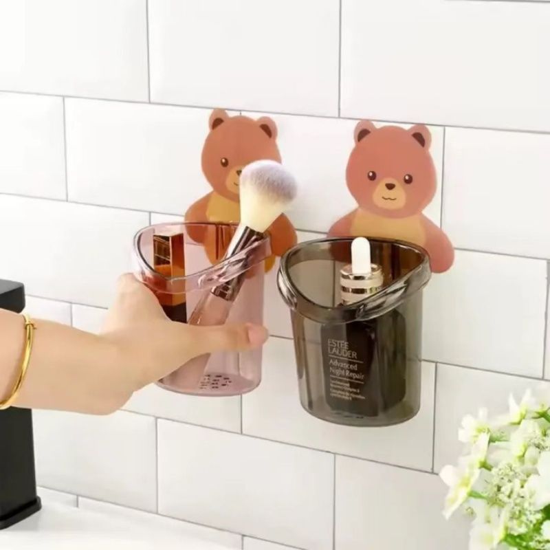 Cartoon Bear Punch-free Wall-hung Storage Cup, Bathroom Toothbrush Holder For Toothpaste