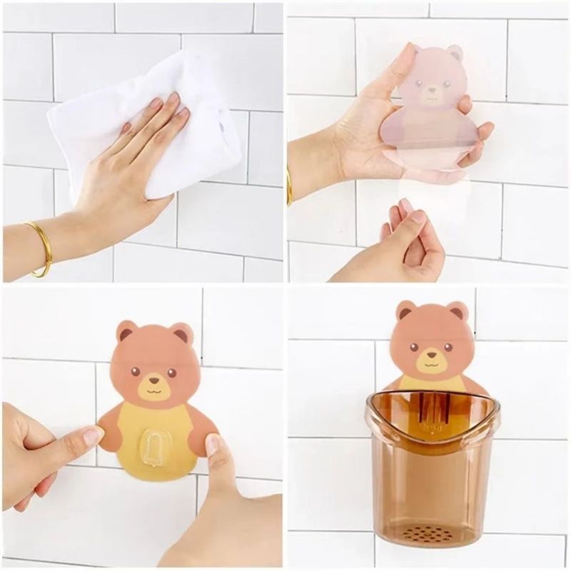 Cartoon Bear Punch-free Wall-hung Storage Cup, Bathroom Toothbrush Holder For Toothpaste