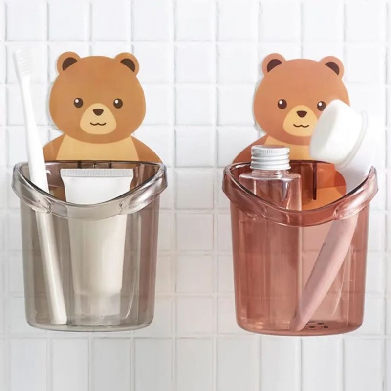 Cartoon Bear Punch-free Wall-hung Storage Cup, Bathroom Toothbrush Holder For Toothpaste