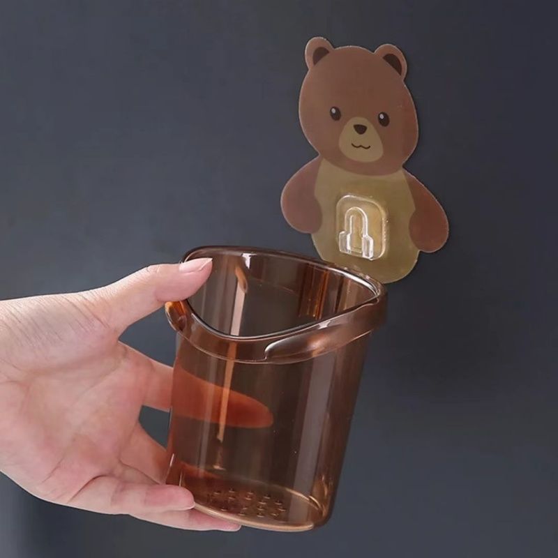 Cartoon Bear Punch-free Wall-hung Storage Cup, Bathroom Toothbrush Holder For Toothpaste