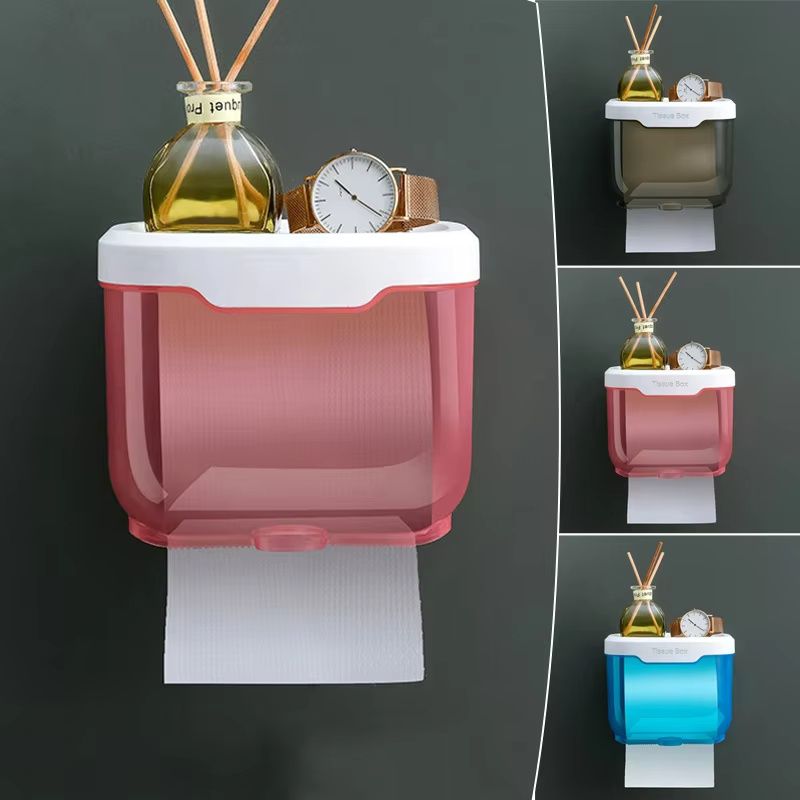 Multifunctional  Waterproof With Shelf For  Toilet Paper Storage Rack,Transparent  Plastic Without Punching Holes,  Creative Roll Paper Box