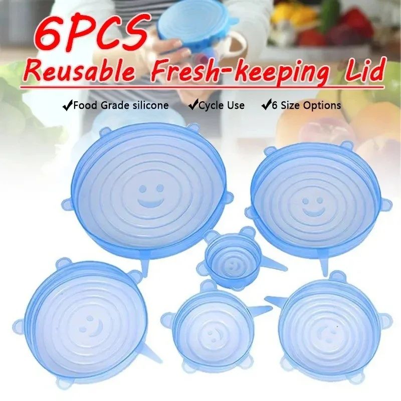 Multifunctional Food-grade Silicone Fresh-keeping Cover,Kitchen Household Stretchable Six-piece Refrigerator Sealed Plastic Wrap,High Temperature Resistant Reusable,Cute Smiling Face Style