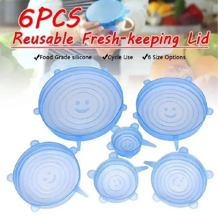 Multifunctional Food-grade Silicone Fresh-keeping Cover,Kitchen Household Stretchable Six-piece Refrigerator Sealed Plastic Wrap,High Temperature Resistant Reusable,Cute Smiling Face Style