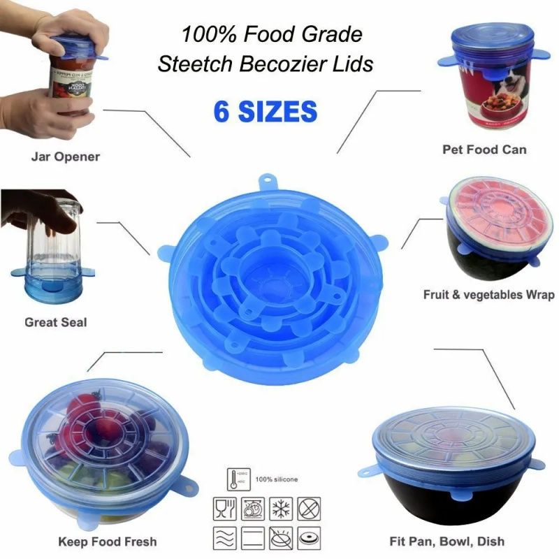 Multifunctional Food-grade Silicone Fresh-keeping Cover,Kitchen Household Stretchable Six-piece Refrigerator Sealed Plastic Wrap,High Temperature Resistant Reusable,Cute Smiling Face Style