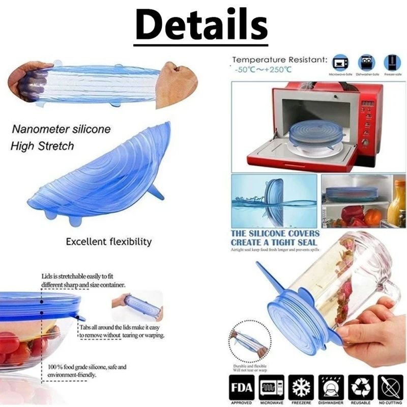 Multifunctional Food-grade Silicone Fresh-keeping Cover,Kitchen Household Stretchable Six-piece Refrigerator Sealed Plastic Wrap,High Temperature Resistant Reusable,Cute Smiling Face Style