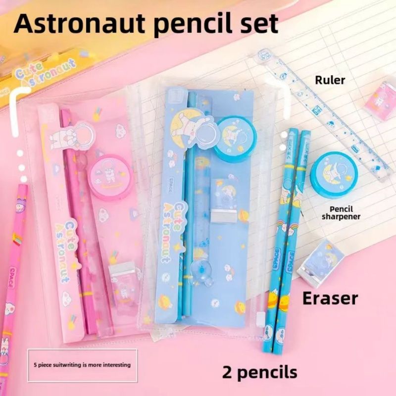 Astronaut Student Stationery 5pcs/ Set，Creative Graphics Pencil Set,Including Pencils, Rubber ,Rulers And Sharpeners,Christmas Gifts