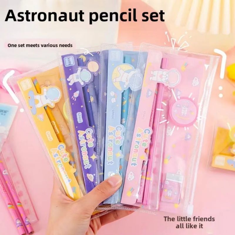 Astronaut Student Stationery 5pcs/ Set，Creative Graphics Pencil Set,Including Pencils, Rubber ,Rulers And Sharpeners,Christmas Gifts