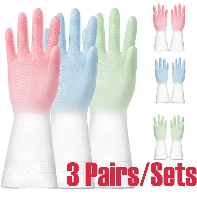 3 Pairs/Set Gradient Color Waterproof Latex Gloves Reusable Household Cleaning Gloves Dishwashing  Laundry Non-slip Waterproof Durable Type  Gloves  Protect Your Hands