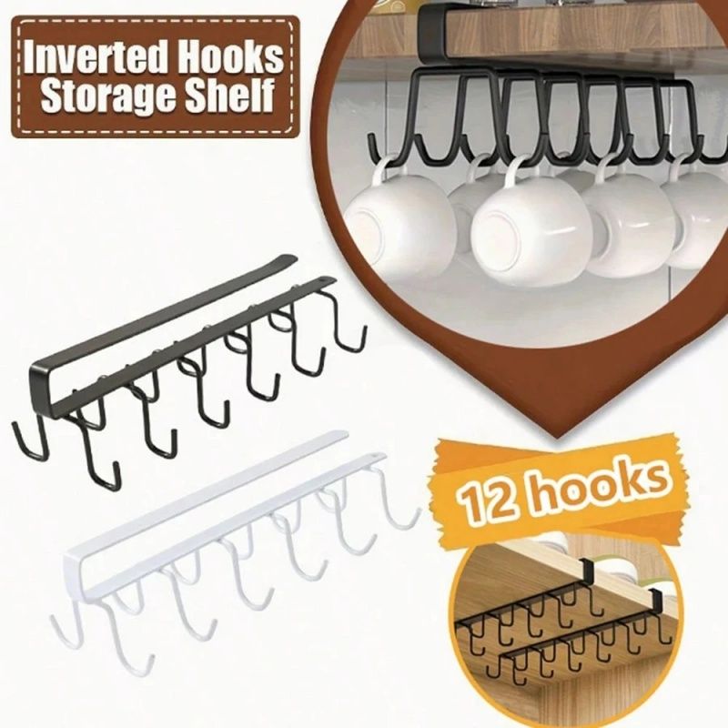 12 Double-row Hooks、6 Single-row Hooks Storage Rack,Punching-free Kitchen Racks,  Cupboard Door Hooks, Hanging Storage And Finishing Racks，Double-row 12 Hooks Are Equipped With Fixing Patches