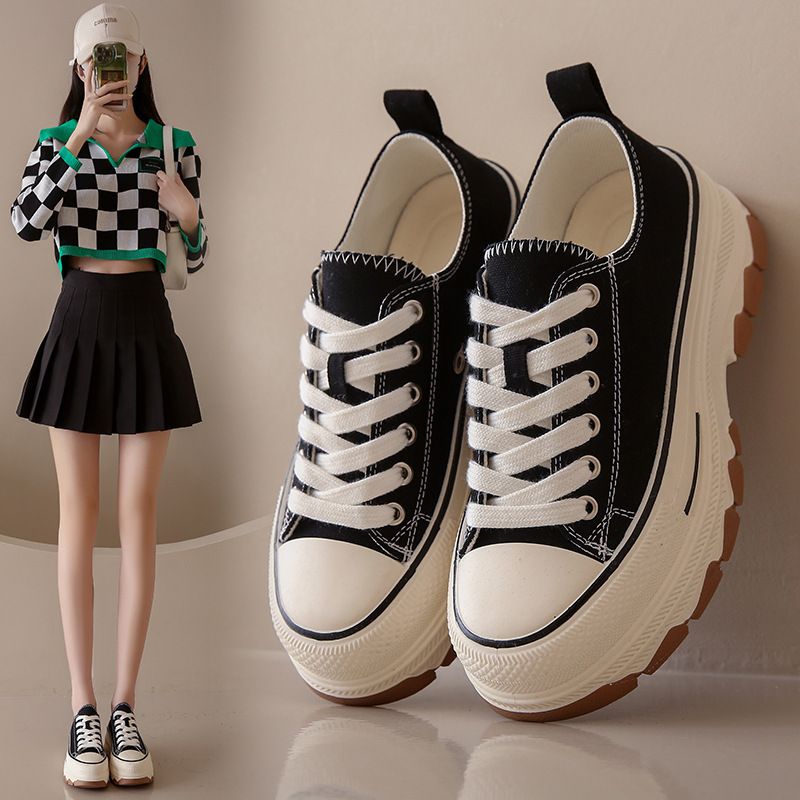 Women's Classic Canvas Thick-Soled Height-Increasing Shoes， Breathable Versatile Anti-Slip Wear-Resistant Casual Comfortable Plate Shoes，Student Campus  Popular Sneake