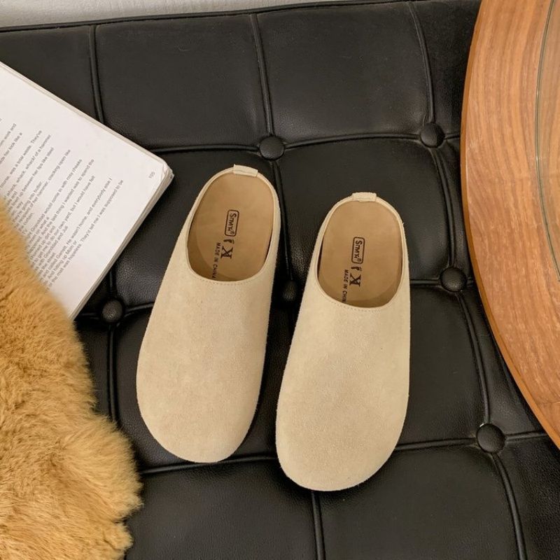 Brushed Leather Soft-soled  Women's Birken Slippers，New Spring  Lazy Baotou Half Slippers,Fashion Round Toe Shoes , Casual Cozy Retro Solid Color