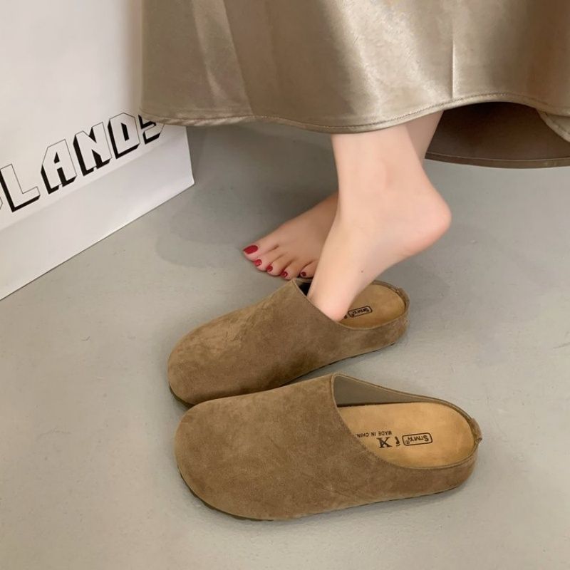 Brushed Leather Soft-soled  Women's Birken Slippers，New Spring  Lazy Baotou Half Slippers,Fashion Round Toe Shoes , Casual Cozy Retro Solid Color